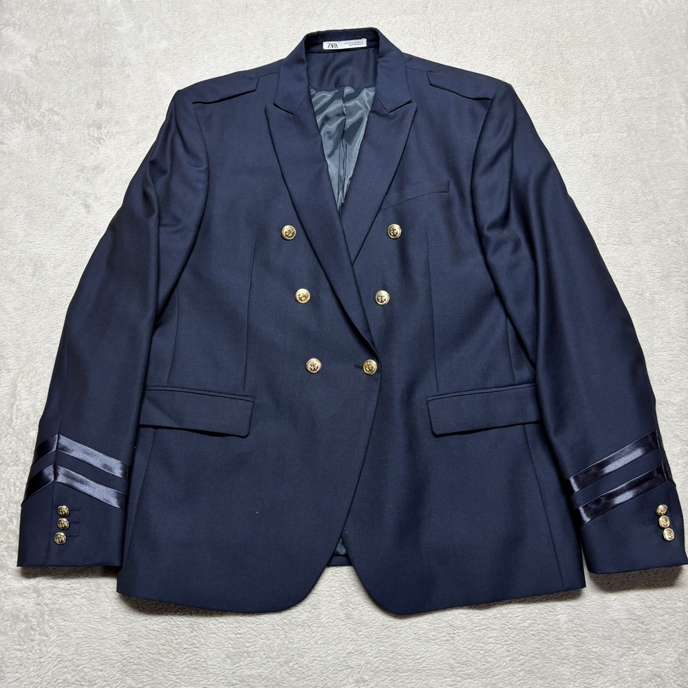 Zara Blazer Mens 44 Wool Military Nautical Navy Blue Double Breasted EUC